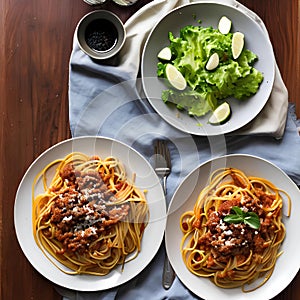 A plate of spaghetti bolognese with a side of Caesar salad2, Generative AI