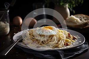 plate of spaghetti carbonara with egg and cheese, ready to be devoured