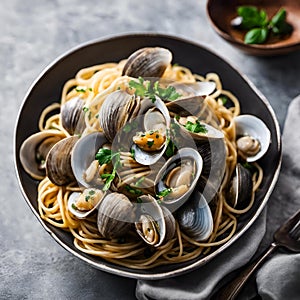 plate of spaghetti with clams and cilantro sauce