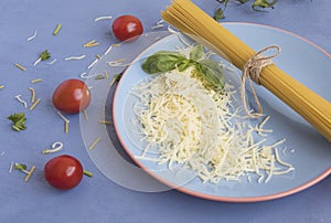 Plate with spaghetti and grated cheese with basil leaves. photo