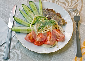 A plate of spaghetti with meat and tomatos