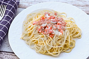 Plate of spaghetti with smoked salmon and cream