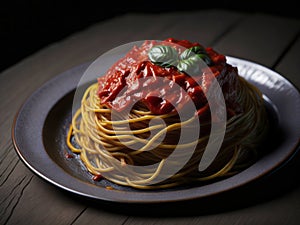 A plate of spaghetti topped with tomato sauce