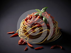 A plate of spaghetti topped with tomato sauce