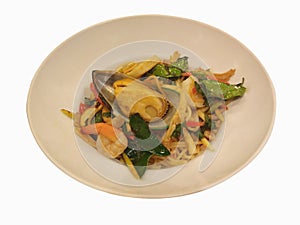 Plate spaketty on white background