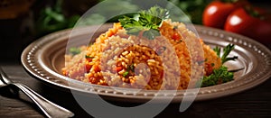 Plate of spiced rice with tomatoes, parsley staple food on table with fork