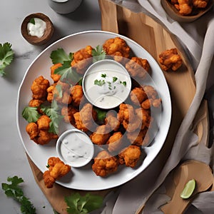 A plate of spicy buffalo cauliflower bites with a side of ranch dressing4