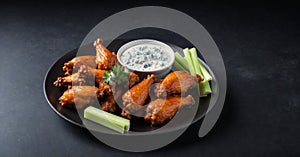 A plate of spicy buffalo wings with celery and blue cheese dip