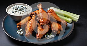 A plate of spicy buffalo wings with celery and blue cheese dip