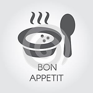 Plate with spoon flat icon. Portion of hot food with steam and wish bon appetit. Label for culinary design needs photo