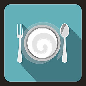 Plate with spoon and fork icon, flat style