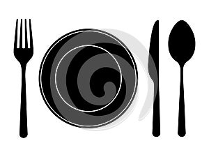 Plate, spoon, fork and knife. Cutlery on white background. Food icons for restaurant or cafe. Silverware in flat design photo