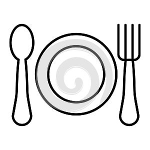 Plate, spoon and fork thin line icon. Restaurant vector illustration isolated on white. Cutlery outline style design
