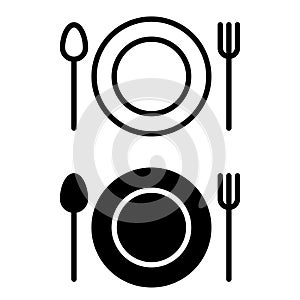 Plate, spoon and fork vector icon set. restaurant illustration sign collection. onboard food menu symbol.