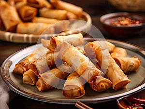 A plate of spring rolls with chili and spices