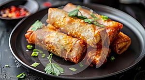 A plate of spring rolls with sauce and herbs