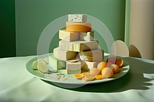 A Plate Stacked High with Various Cheeses and Sweet Prosciutto