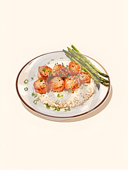 A plate of steamed rice with asparagus and scallops