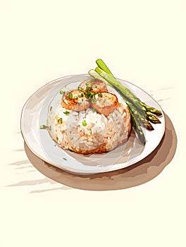 A plate of steamed rice with asparagus and scallops