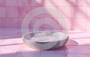 a plate in stone on a pink tiled background