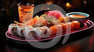 A plate of sushi and a drink