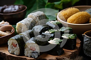 A plate of sushi next to a bowl of rice. AI generative image.