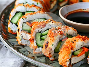 A plate with sushi rolls and cucumbers