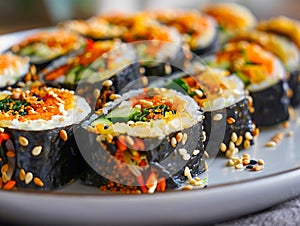 A plate of sushi rolls with sesame seeds