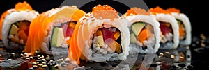 plate of sushi rolls, showcasing the delicate fish, rice, and seaweed in macro detail. Generative AI