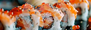 plate of sushi rolls, showcasing the delicate fish, rice, and seaweed in macro detail. Generative AI