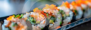 plate of sushi rolls, showcasing the delicate fish, rice, and seaweed in macro detail. Generative AI