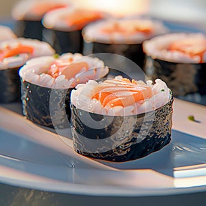 plate of sushi rolls, showcasing the delicate fish, rice, and seaweed in macro detail. Generative AI