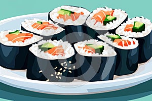 plate of sushi rolls, showcasing the delicate fish, rice, and seaweed in macro detail. Generative AI