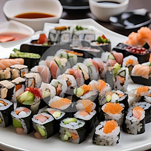 A plate of sushi rolls with soy sauce and wasabi3 photo