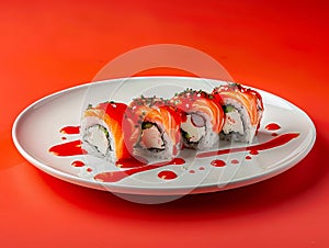 A plate of sushi with sauce on it