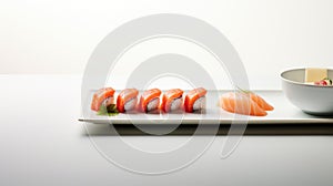 A plate of sushi with a small bowl on the side, AI