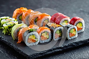 A plate of sushi with a variety of colors and ingredients