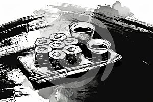 A plate of sushi with various rolls and a cup of coffee on a table, A minimalist black and white sketch of a sushi platter