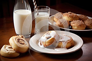 plate of sweet pastries, including cinnamon rolls and shortbread cookies, with glass of milk