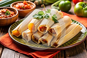 Plate of tamales with fines herbes on a rustic wooden table