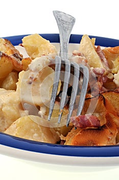 Plate of tartiflette close up with a fork
