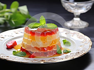 Plate of tasty fruit and mint jelly on the table served elegantly