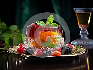 Plate of tasty fruit and mint jelly on the table served elegantly