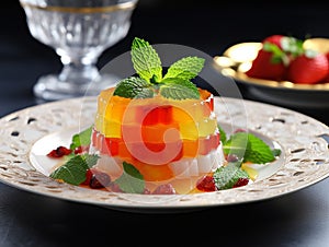 Plate of tasty fruit and mint jelly on the table served elegantly