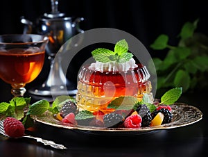 Plate of tasty fruit and mint jelly on the table served elegantly