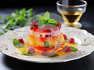 Plate of tasty fruit and mint jelly on the table served elegantly