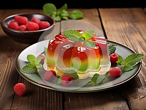 Plate of tasty fruit and mint jelly on the table served elegantly