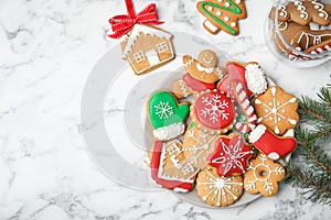 Plate with tasty homemade Christmas cookies photo