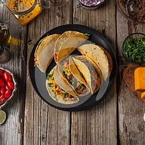 Plate with tasty mexican tacos on rustic wooden table with ingredients for cooking background. Concept of traditional meal. View