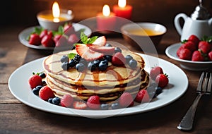 Plate with tasty pancakes and berries on wooden table, closeup